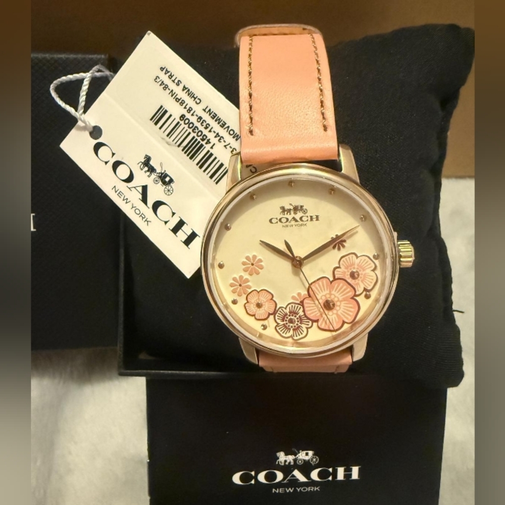 Coach Women's Pink Floral Dial Leather Strap Watch
